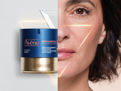 Visuel publicitaire cosmétique Avène DermAbsolu avec effet de resculptage du visage